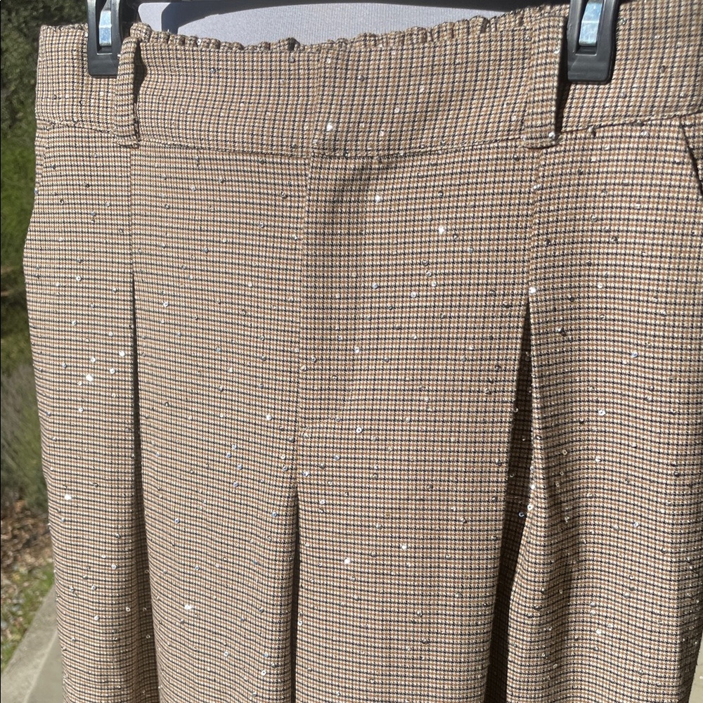 Houndstooth Brown Wide-Leg Trousers with Gold sequins and thread - Picture 2 of 8